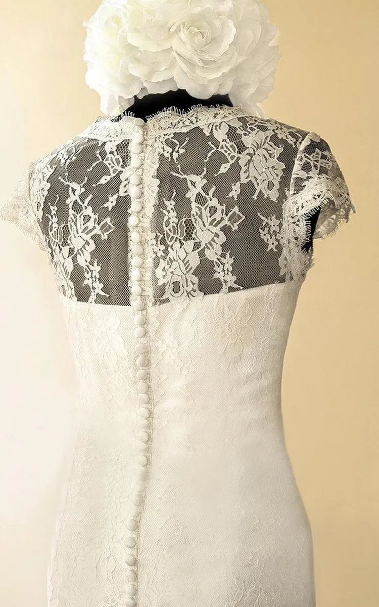Sheath Mini Sweetheart Cap Sleeve Lace Satin Dress With Illusion Button-711443