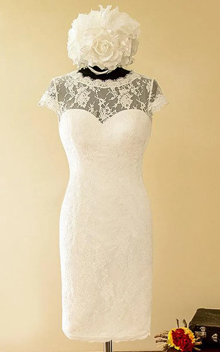 Sheath Mini Sweetheart Cap Sleeve Lace Satin Dress With Illusion Button-711443