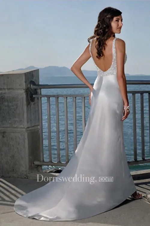 sheath Spaghetti Straps V-neck Elatic Woven Satin Wedding Dress