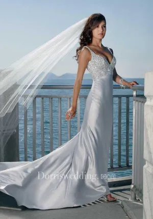 sheath Spaghetti Straps V-neck Elatic Woven Satin Wedding Dress