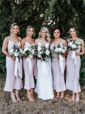 Sheath Spaghetti Straps V-neck Short Bridesmaid Dresses With Belt, BD1099