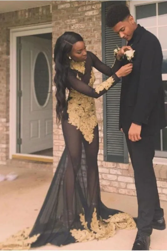 Sheer High Neck Appliques Long Sleeve Mermaid Prom Dresses
