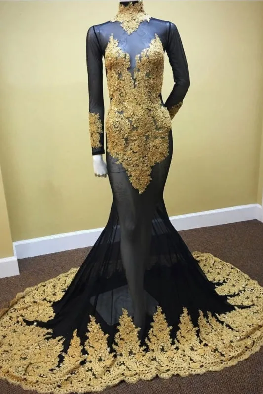 Sheer High Neck Appliques Long Sleeve Mermaid Prom Dresses
