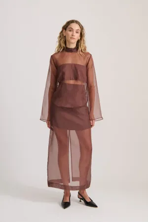 SHEER ORGANZA LONG SLEEVE TOP RICH CACAO