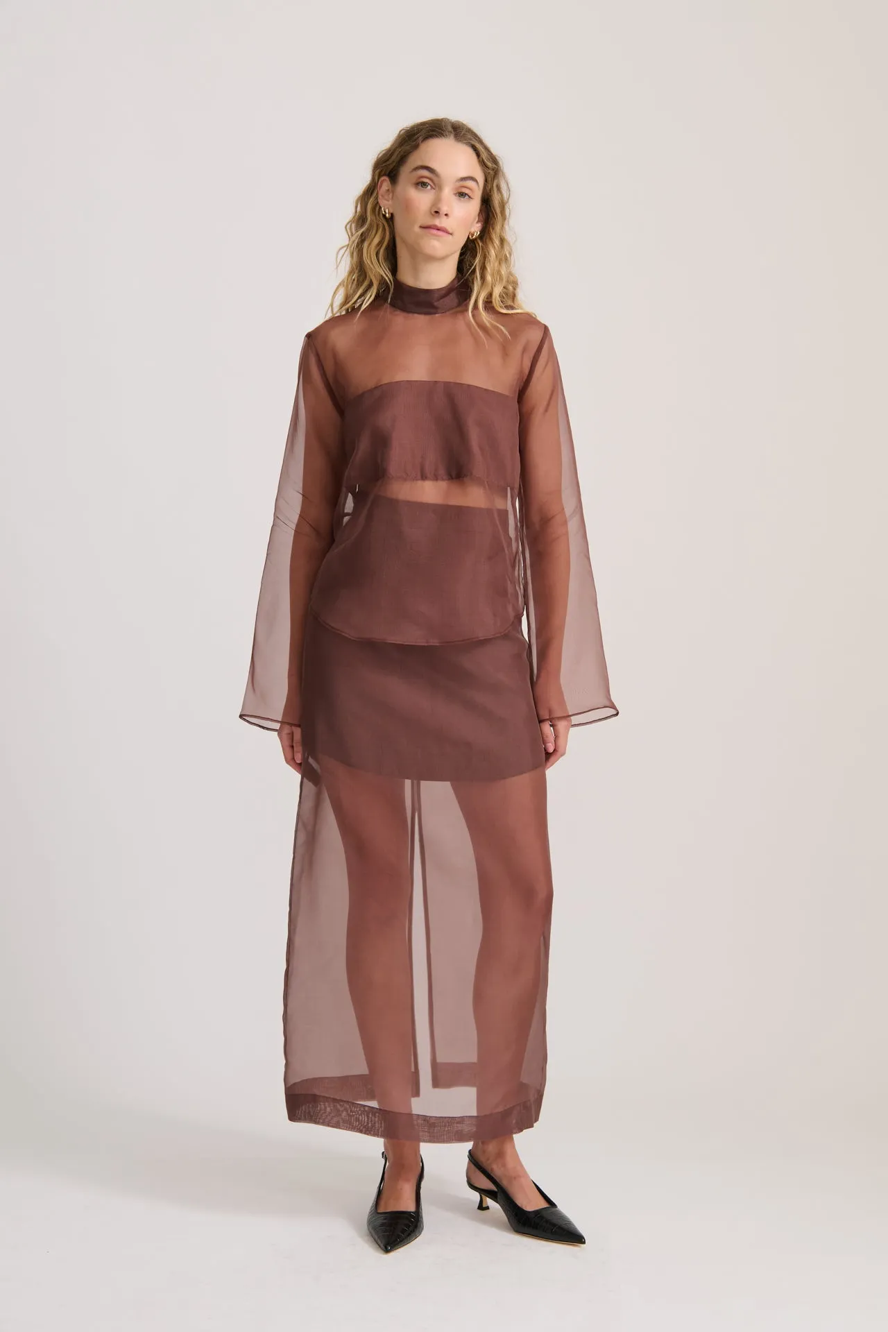 SHEER ORGANZA LONG SLEEVE TOP RICH CACAO