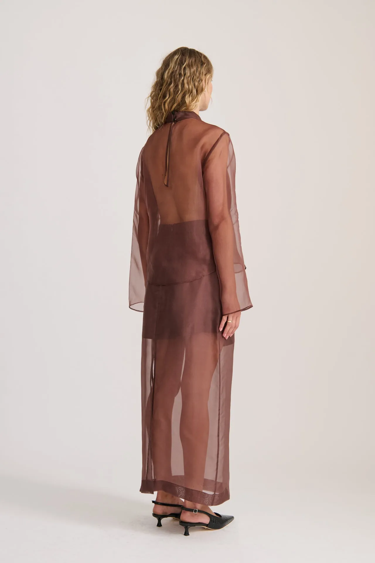 SHEER ORGANZA LONG SLEEVE TOP RICH CACAO