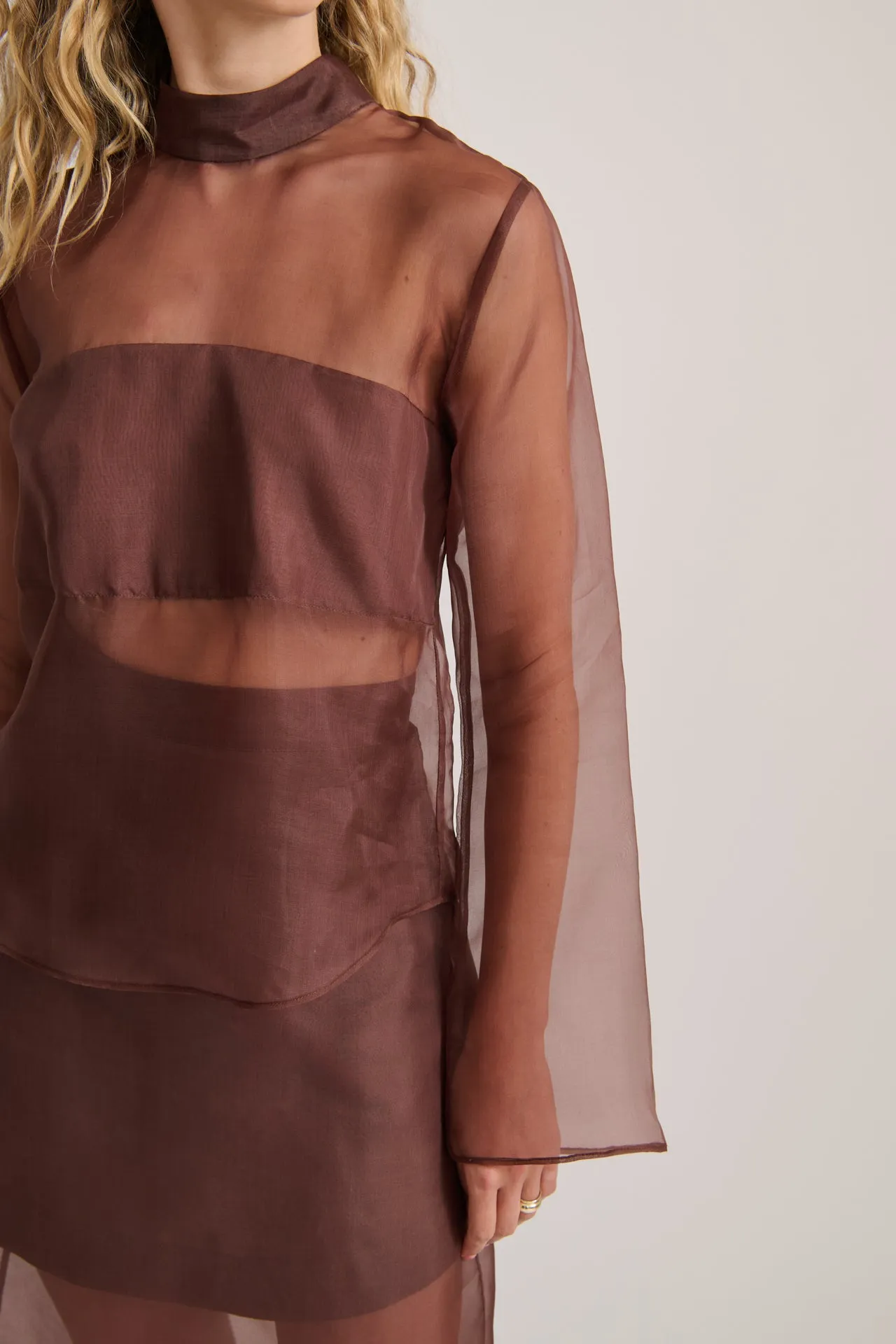 SHEER ORGANZA LONG SLEEVE TOP RICH CACAO