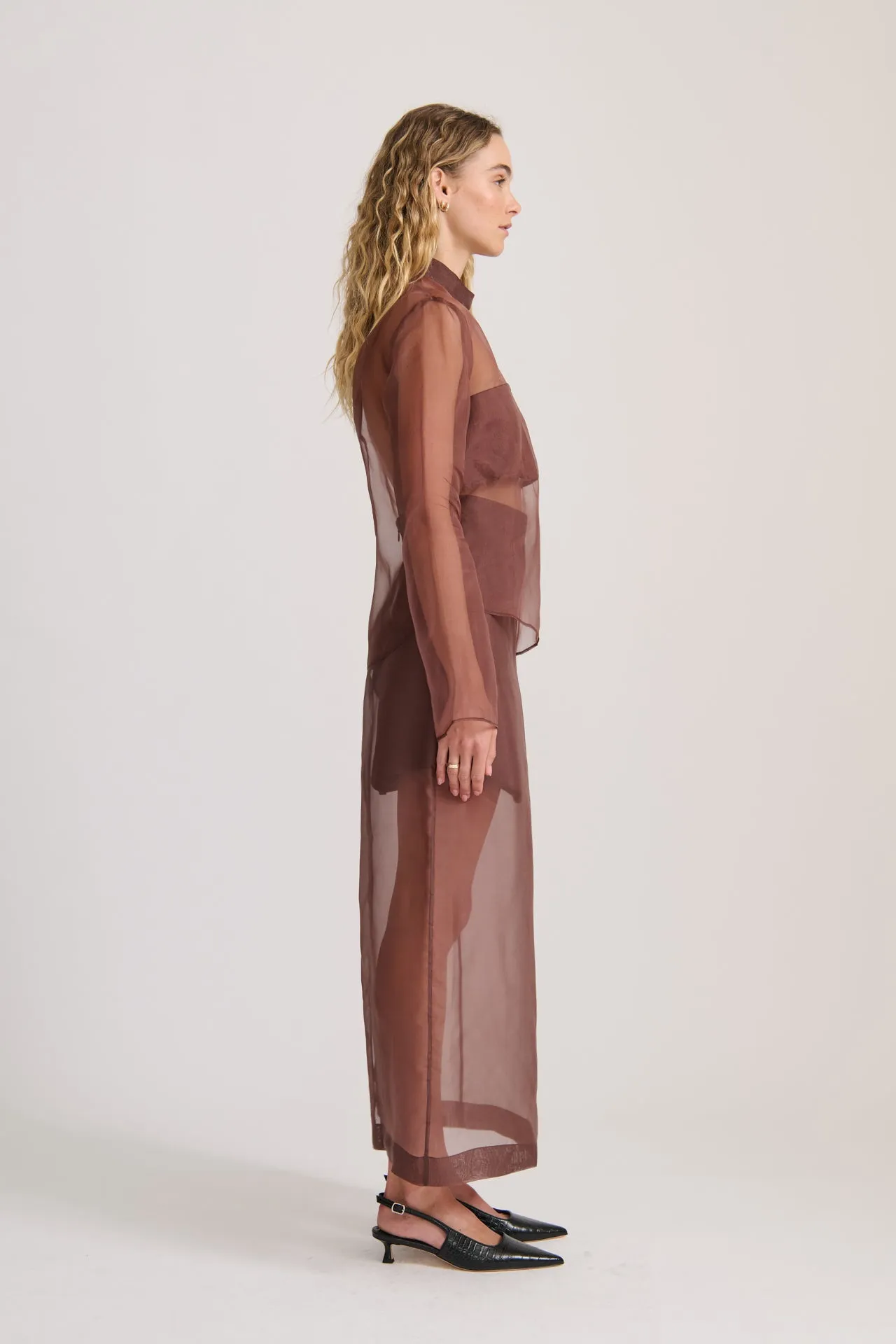 SHEER ORGANZA LONG SLEEVE TOP RICH CACAO