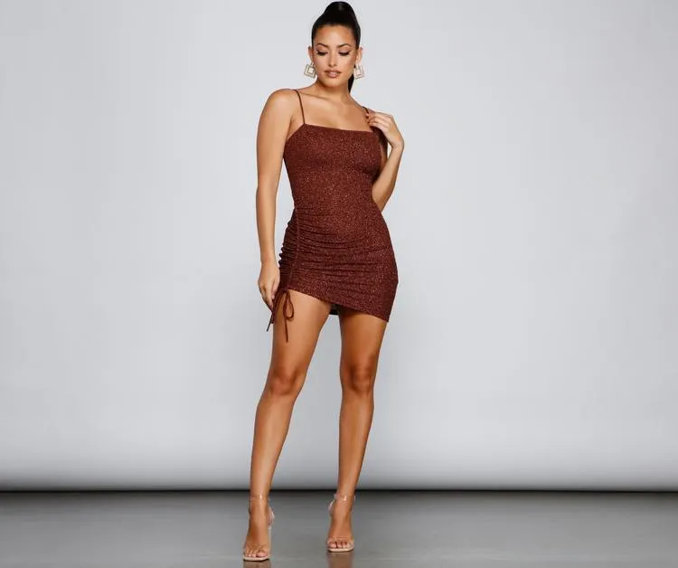 Shine On Ruched Charming Glitter Mini Dress