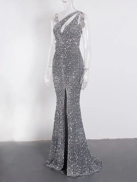Shiny Royal Blue Hollow Out Velvet Cocktail Gown Slit Leg Party Dress