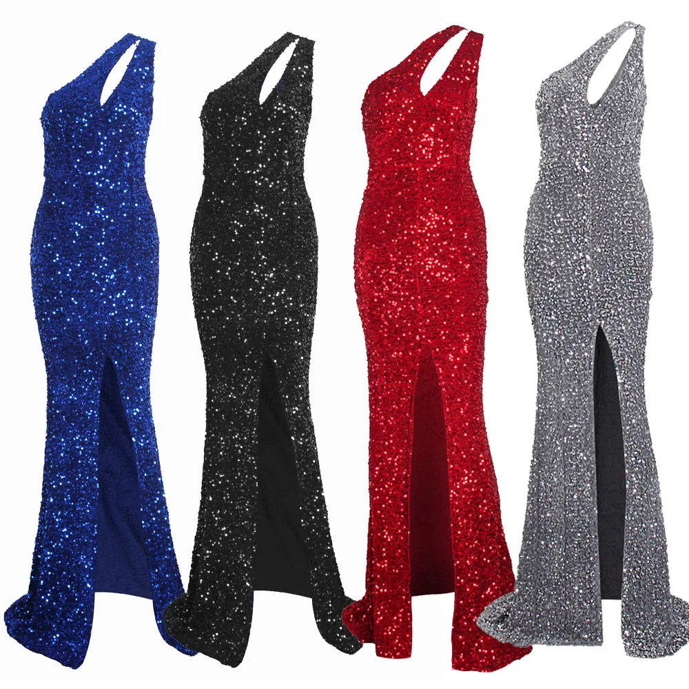 Shiny Royal Blue Hollow Out Velvet Cocktail Gown Slit Leg Party Dress
