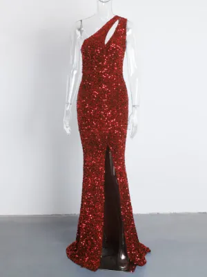 Shiny Royal Blue Hollow Out Velvet Cocktail Gown Slit Leg Party Dress