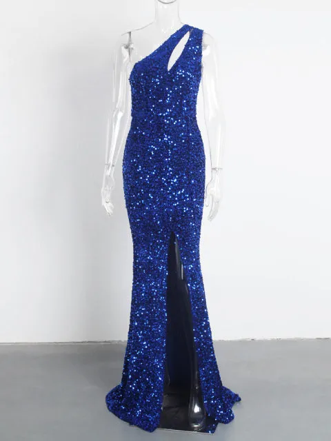 Shiny Royal Blue Hollow Out Velvet Cocktail Gown Slit Leg Party Dress
