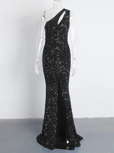 Shiny Royal Blue Hollow Out Velvet Cocktail Gown Slit Leg Party Dress