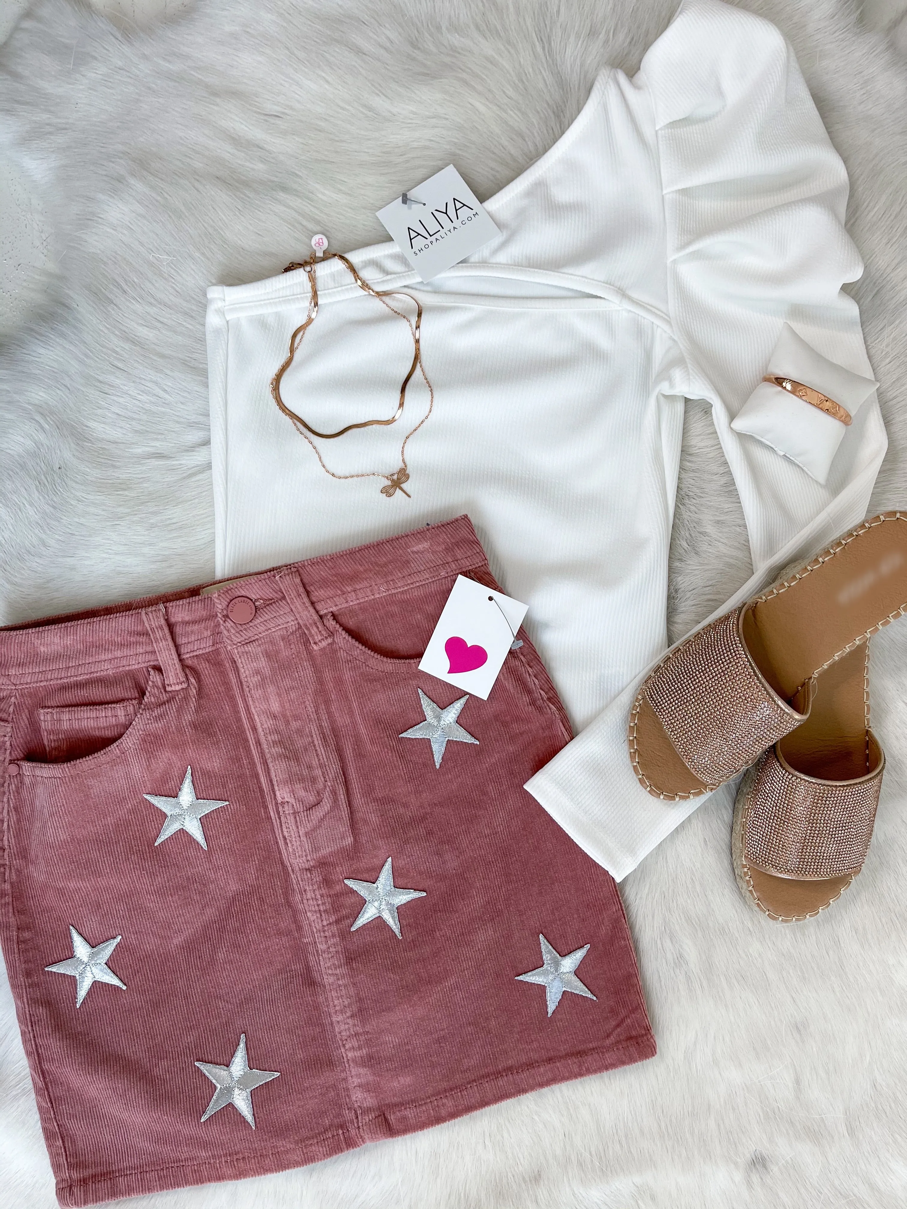 Shooting Star Metallic Corduroy Skirt in Rose