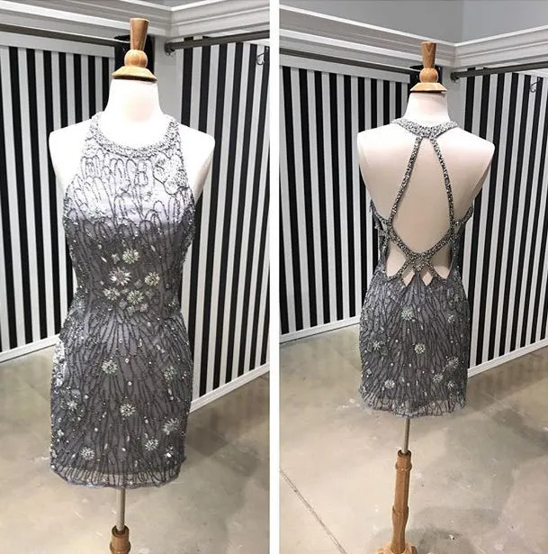 Silver Beading Rhinestone Open Back Sheath Homecoming Dresses,HD0041