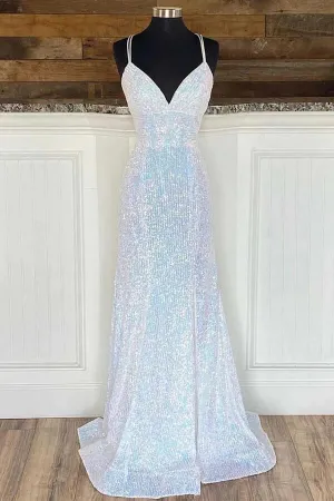 Silver Sequins Sheath Spaghetti Straps Long Prom Dress, Evening Gowns, MP844