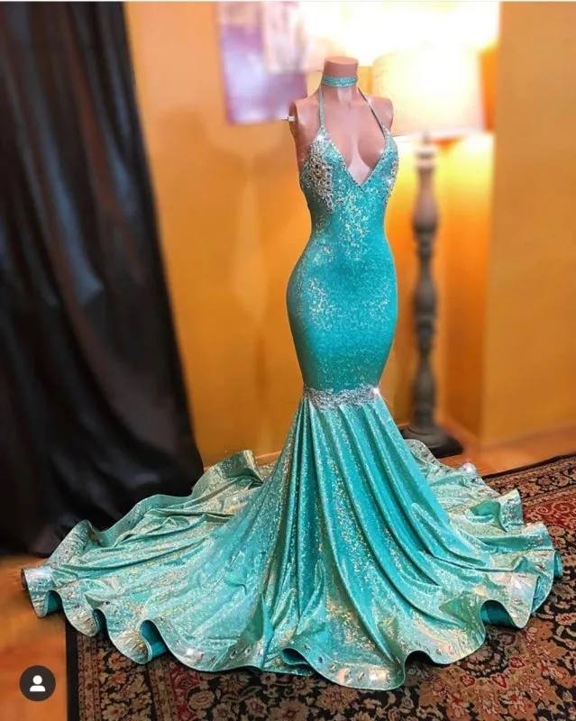 Simple Sparkly Sequined Mermaid Halter Sweep Strain Applique Prom Dresses