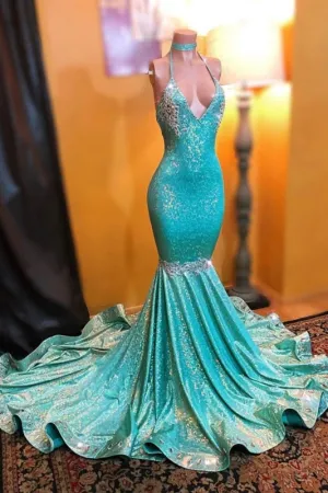 Simple Sparkly Sequined Mermaid Halter Sweep Strain Applique Prom Dresses