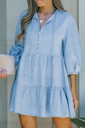 Sky Blue Split Neck Tiered Denim Dress