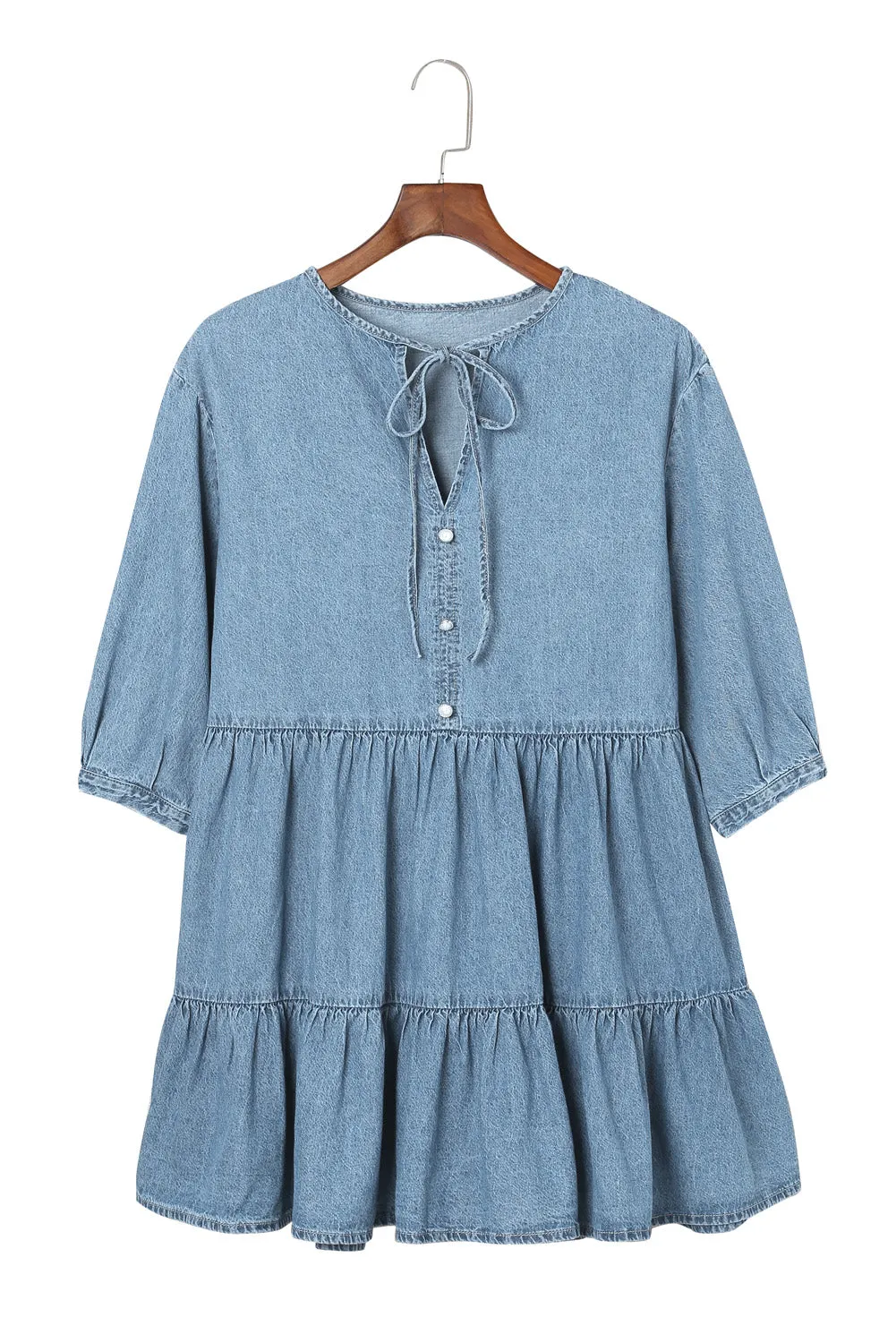 Sky Blue Split Neck Tiered Denim Dress