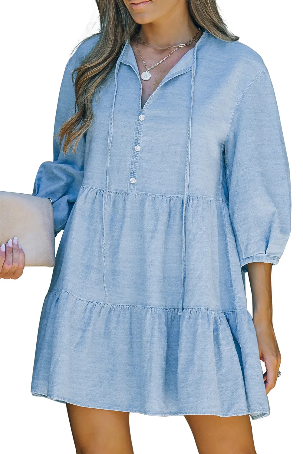 Sky Blue Split Neck Tiered Denim Dress