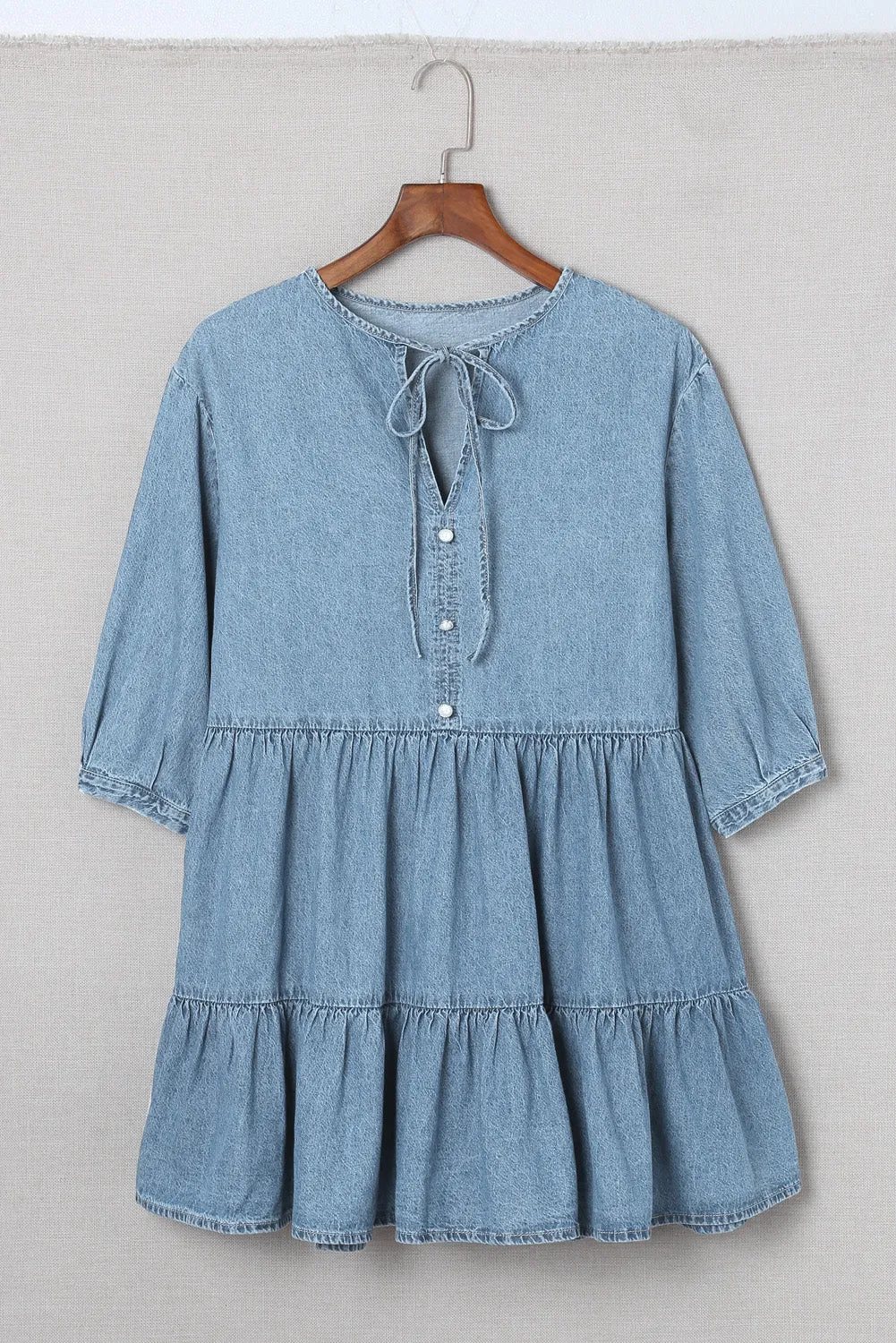 Sky Blue Split Neck Tiered Denim Dress