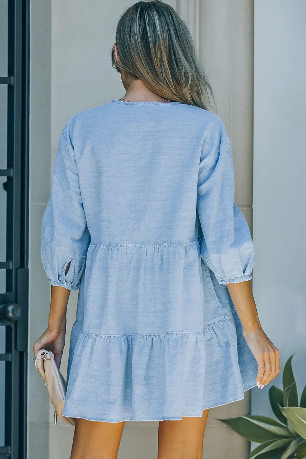Sky Blue Split Neck Tiered Denim Dress