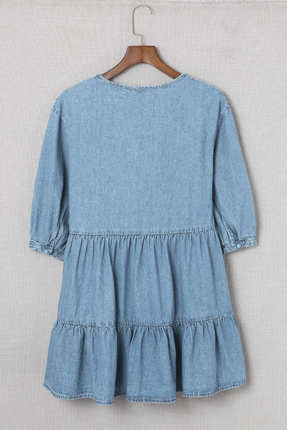 Sky Blue Split Neck Tiered Denim Dress