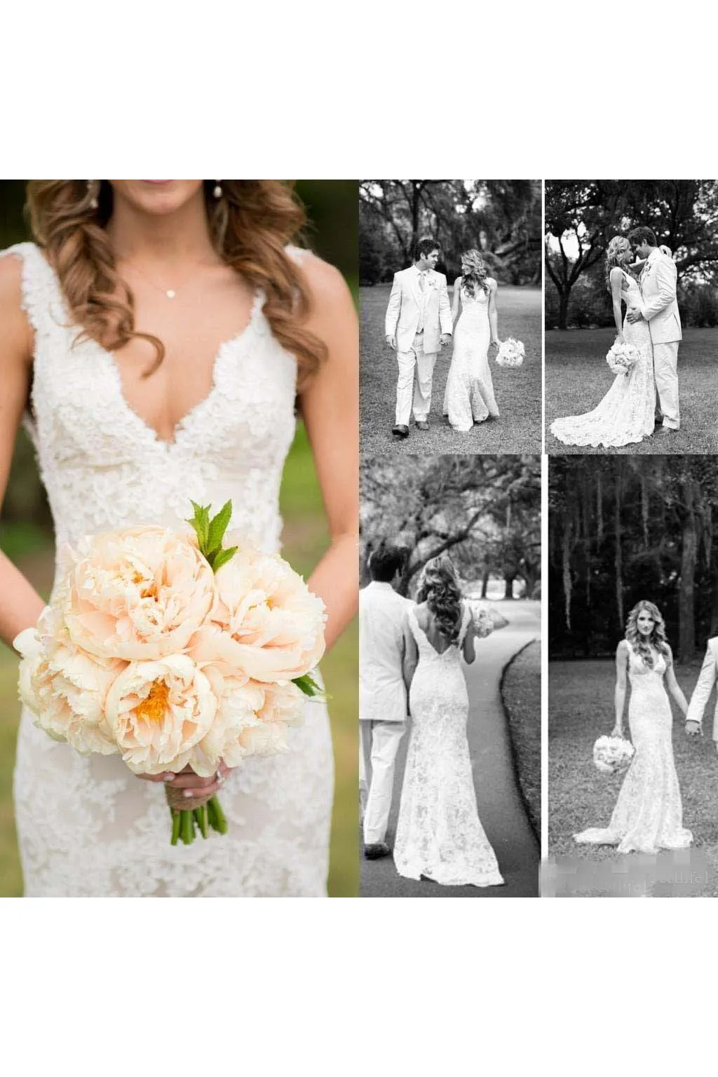 Sleeveless Deep V Neck Backless Mermaid Lace Summer Wedding Bridal Gown-715341