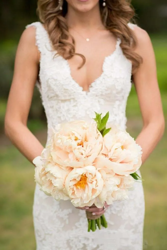 Sleeveless Deep V Neck Backless Mermaid Lace Summer Wedding Bridal Gown-715341