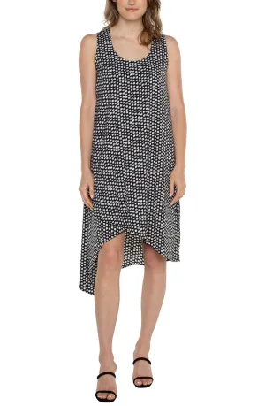 Sleeveless Dress with Asymmetrical Hem in Black/White Dot