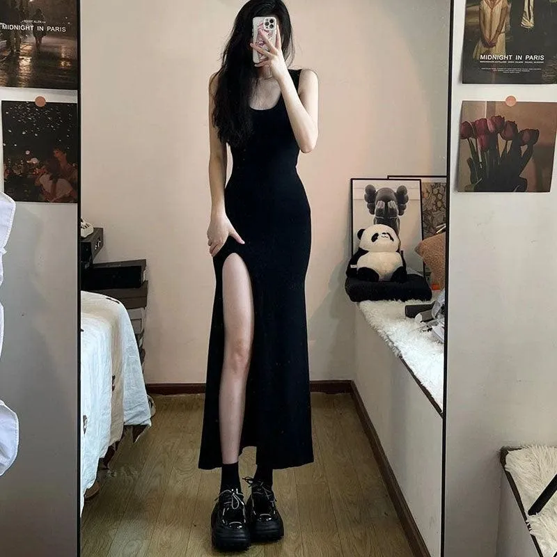 Sleeveless Strap Slim Fit Side Slit Irregular Maxi Dress