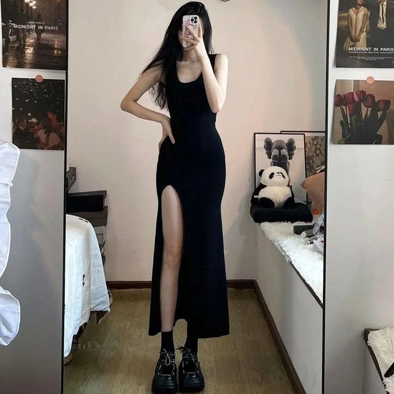 Sleeveless Strap Slim Fit Side Slit Irregular Maxi Dress