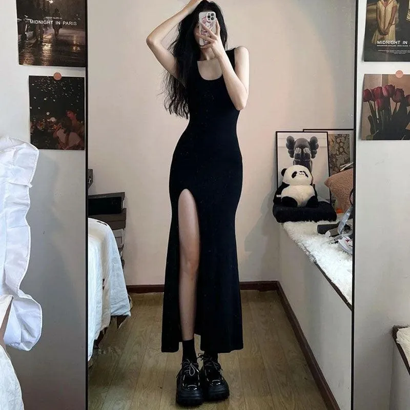 Sleeveless Strap Slim Fit Side Slit Irregular Maxi Dress