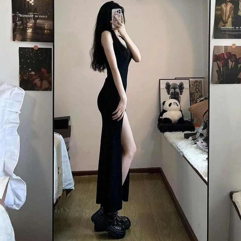 Sleeveless Strap Slim Fit Side Slit Irregular Maxi Dress