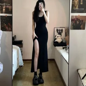 Sleeveless Strap Slim Fit Side Slit Irregular Maxi Dress