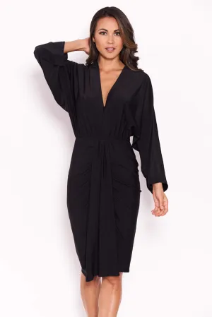 Slinky Black Midi Dress With Wrap Detail