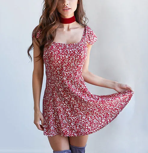 Small Floral Square Collar Open Back Dress