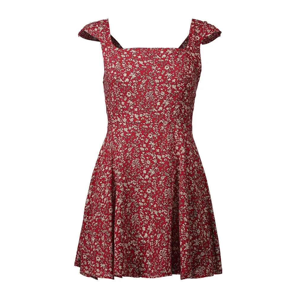 Small Floral Square Collar Open Back Dress