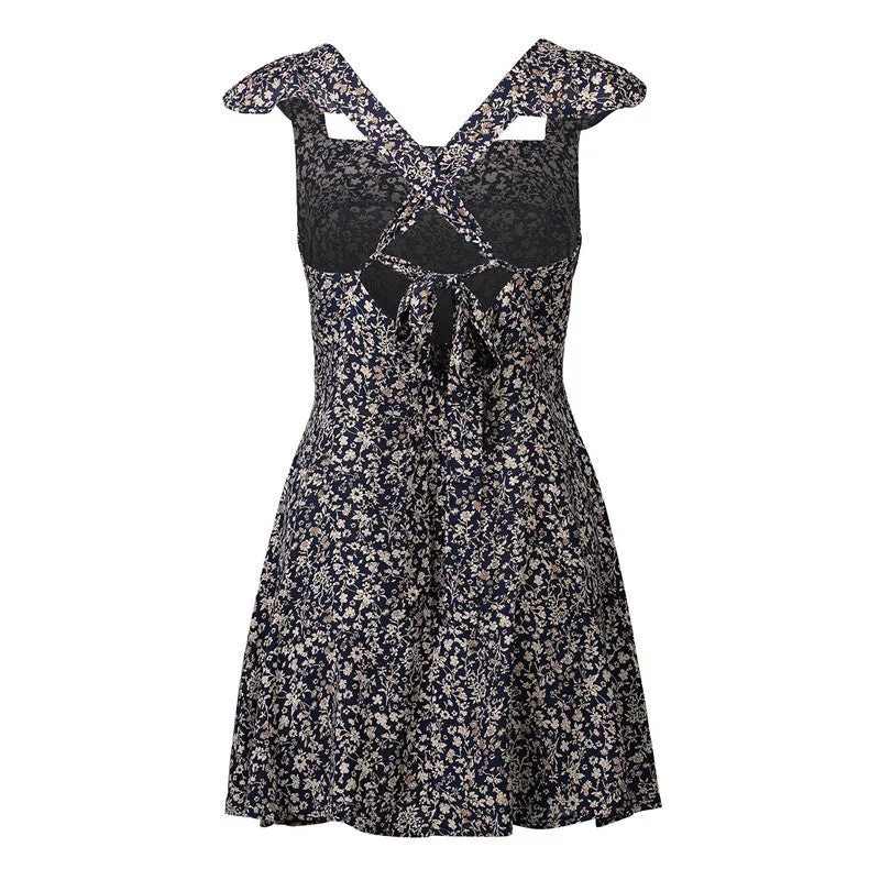 Small Floral Square Collar Open Back Dress