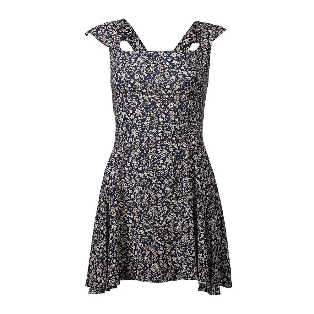 Small Floral Square Collar Open Back Dress