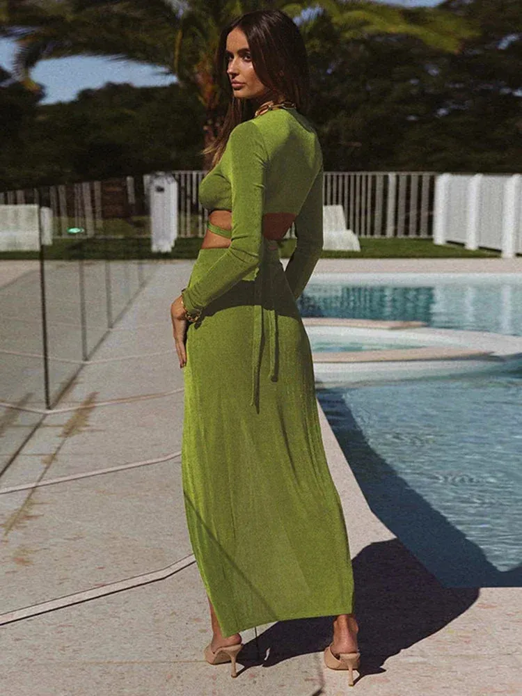 Solid Color Long Backless Sexy V-neck Dress