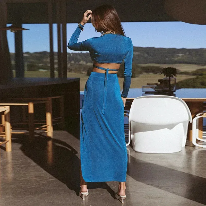 Solid Color Long Backless Sexy V-neck Dress