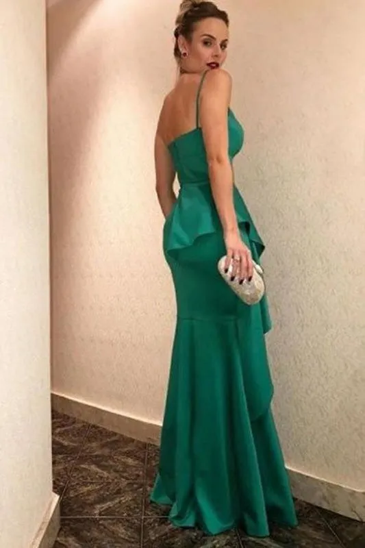Spaghetti Strap Hunter Prom Dress with Ruffles Elegant V Neck Evening Dresses