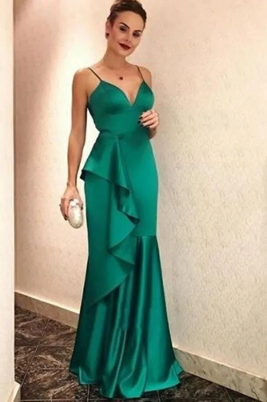 Spaghetti Strap Hunter Prom Dress with Ruffles Elegant V Neck Evening Dresses
