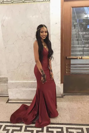 Spaghetti Straps Backless Red Prom Long Mermaid Evening Formal Dress