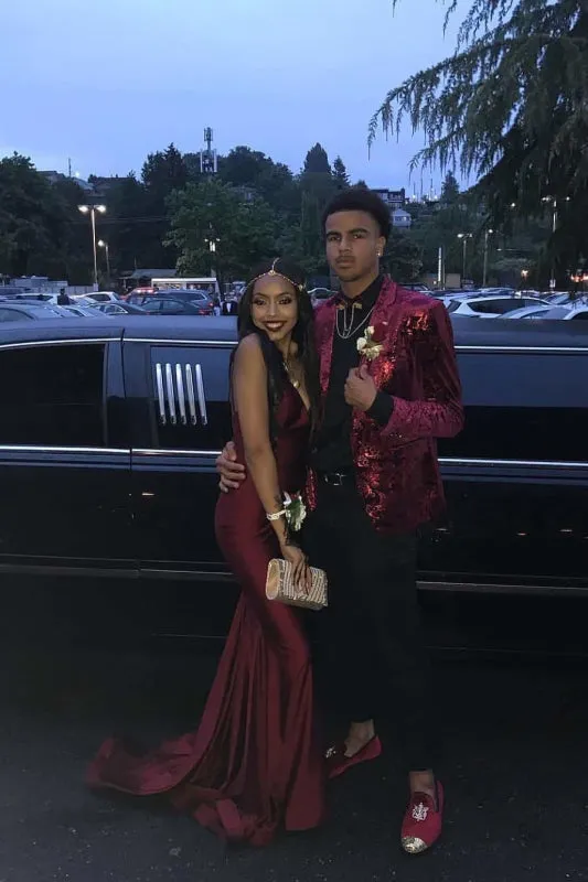 Spaghetti Straps Backless Red Prom Long Mermaid Evening Formal Dress