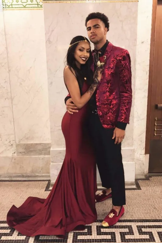 Spaghetti Straps Backless Red Prom Long Mermaid Evening Formal Dress