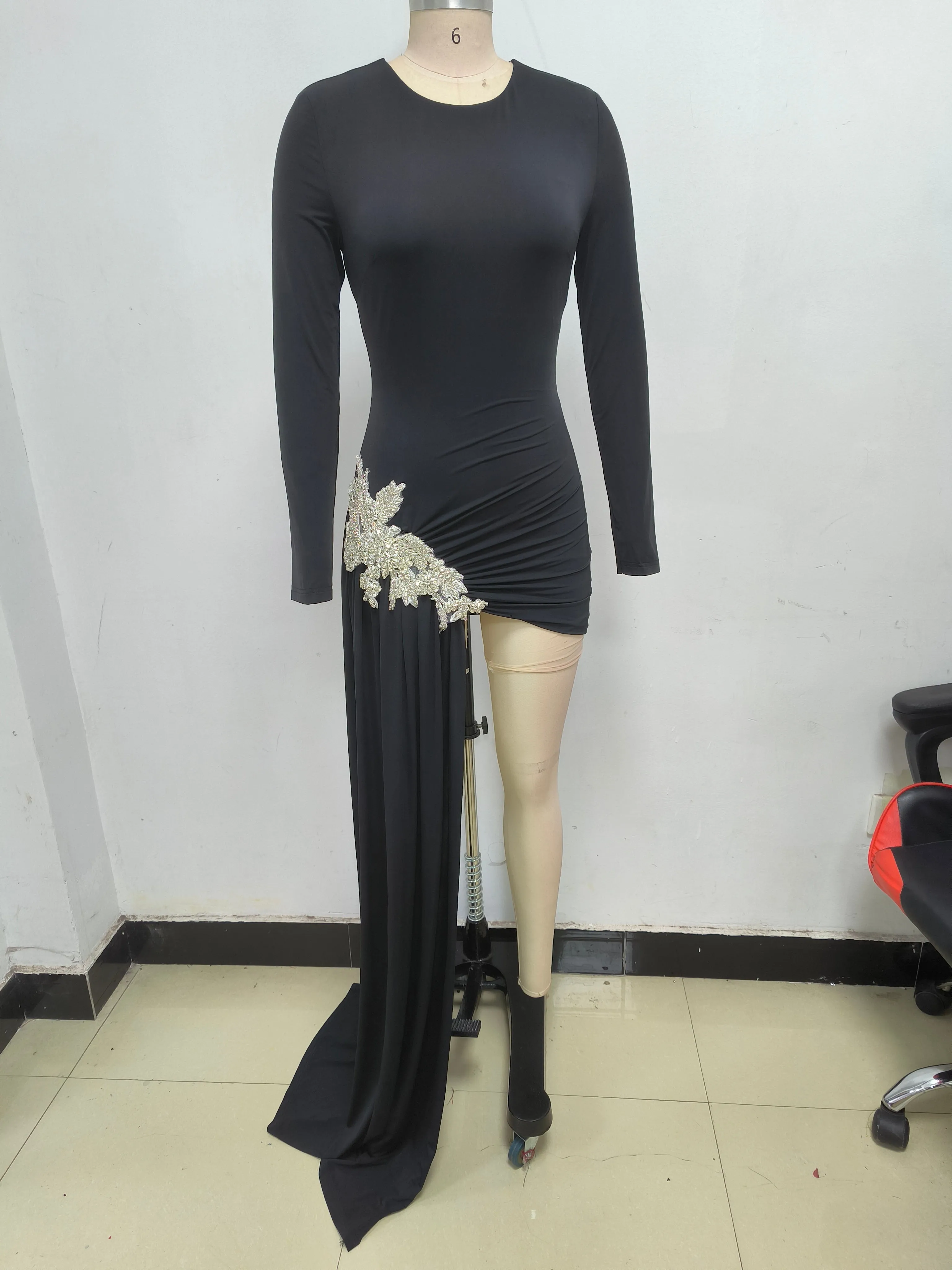 Sparkly Crew Neck Crystal Draped Bandage Bodycon Party Micro Mini Dress